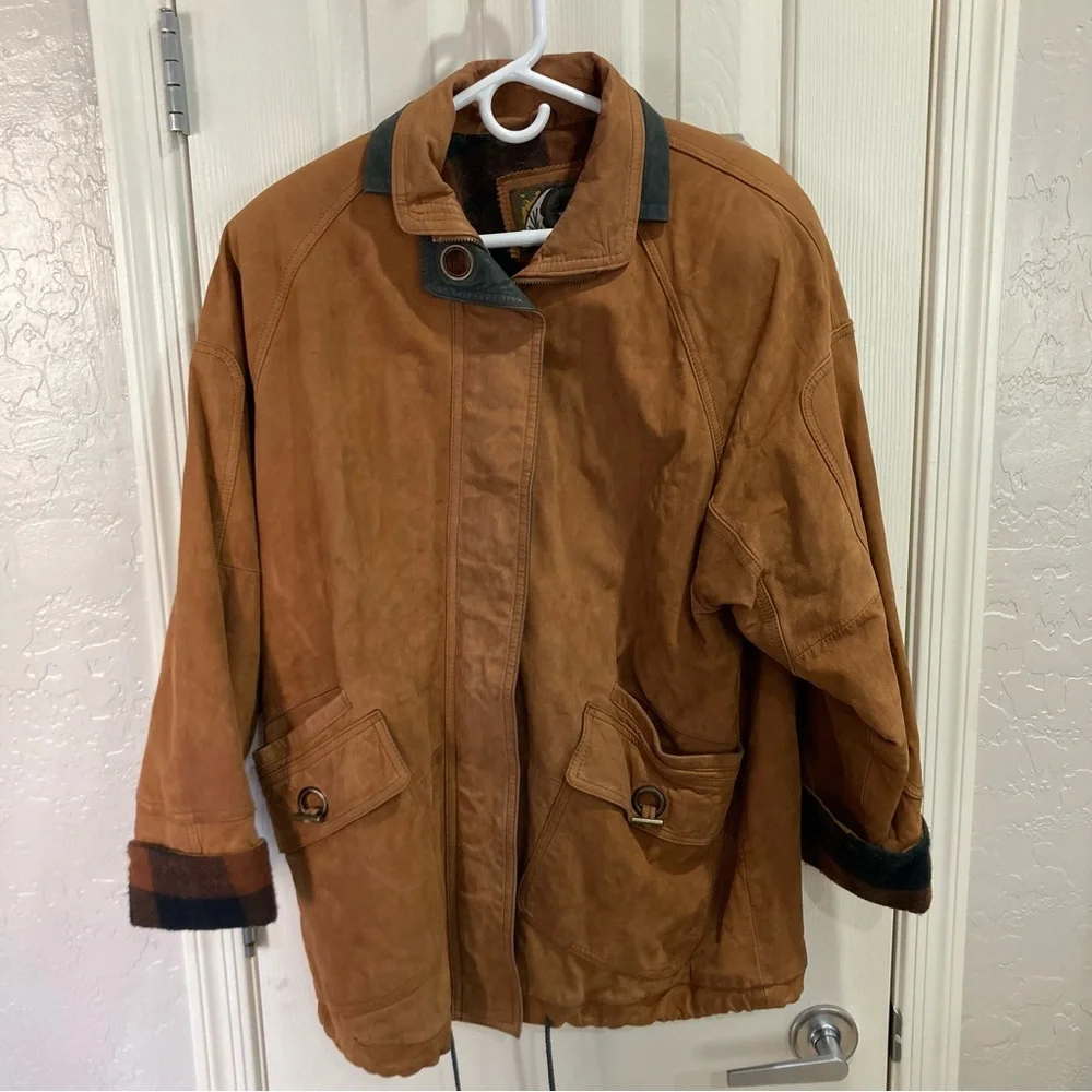 G-III Men's Light Brown Leather Jacket with Plaid Lining Size S